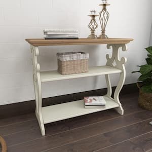 38 in. White Extra Large Rectangle Wood Scroll Side Frames 2 Shelf Console Table with Brown Wood Top