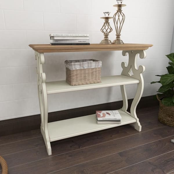 Litton Lane 38 in. White Extra Large Rectangle Wood Scroll Side Frames 2 Shelf Console Table with Brown Wood Top