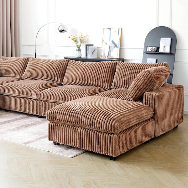 157 in. Square Arm Soft Faux Rabbit Fur Velvet 5-Piece Modular Sectional Sofa with Ottoman, Washable Covers in. Brown