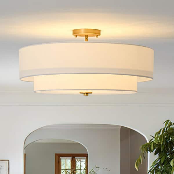 Haven 4-Light 22 in.W Brass Modern Semi-Flush Mount Drum Ceiling Light with Fabric Cover and Acrylic Lens for Hallway