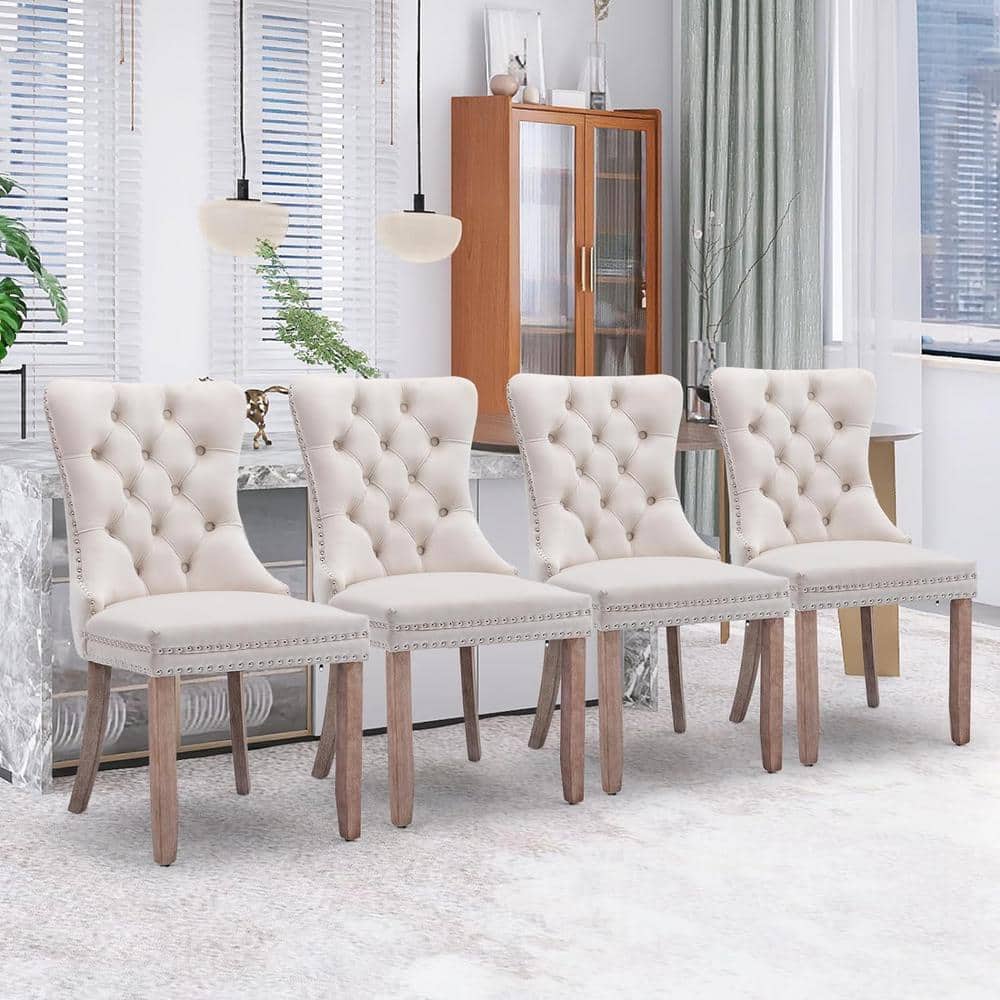 Beige Velvet Upholstered High Back Side Chair Set