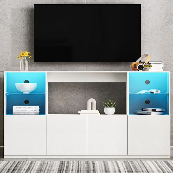 White TV Stand Fits TV's Up to 75 in. with LED Lights, Large Storage Cabinet, Tempered Glass Shelves