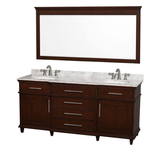 Wyndham Collection Berkeley 72 in. Double Vanity in Dark Chestnut with Marble Vanity Top in Carrara White, Oval Sink and 70 in. Mirror