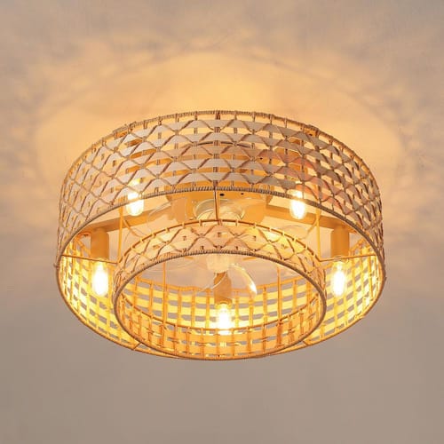 19.69 in. 5-Lights Indoor Tan Handwoven Paper Rope Caged Ceiling Fan with Remote Included No Bulbs Ceiling Fans With Lights