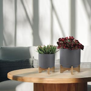 8"/10" Gray Ceramic Planters with Wooden Stand for Outdoor and Indoor (Set of 2)