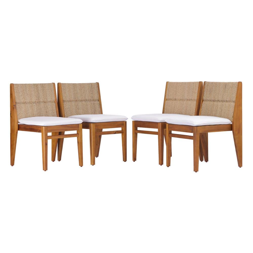 Valorae Patio Teak Finish Wood Outdoor Dining Chairs with White Cushion & Light Brown Wicker Woven Backrest, Set of 4 price history on PriceWatchPro