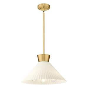 60-Watt 3-Light White and Gold Finish Modern Pendant Light with Frosted Striped Glass Shape, No Bulbs Included