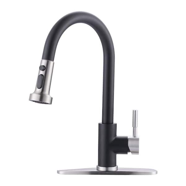 VEVETTA Nickel and Black 15 in. H Single Handle Pull Down Sprayer Kitchen Faucet with 360° Spout Swivel and 3-Spray Mode