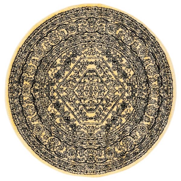 Adirondack Gold/Black 4 ft. x 4 ft. Border Medallion Round Area Rug