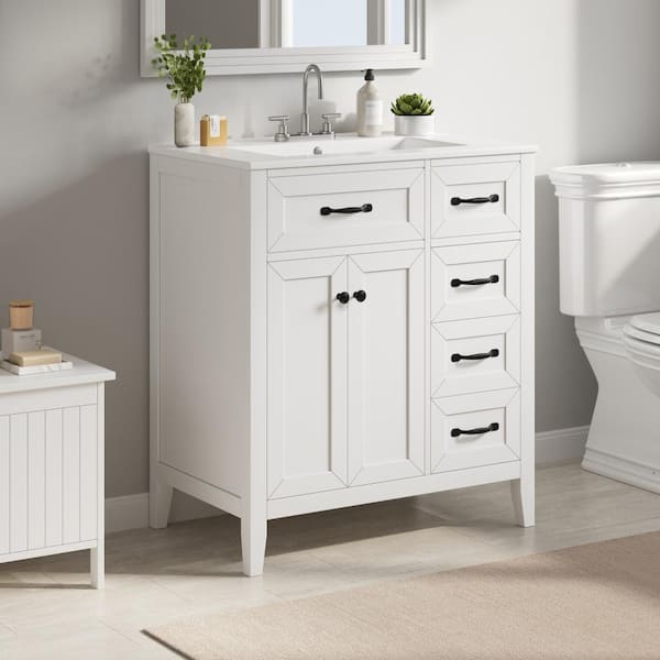 30 in. White Bathroom Vanity with Ceramic Sink,Black Metal Handles,Solid Wood Legs,Soft-Close Doors and Drawers