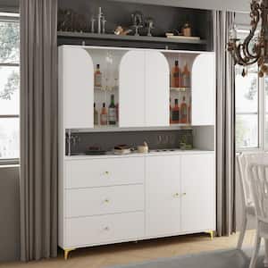 White Wood 63 in. W Sideboard Food Pantry Cabinet Kitchen Cabinet with Tempered Glass Doors and Drawers