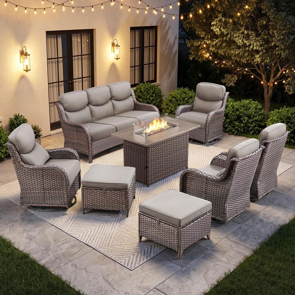 Sialion Brown 8-Piece Patio Conversation Furniture Set with Fire Pit, Outdoor Swivel Glider Patio Sofa with Gray Cushion price history on PriceWatchPro