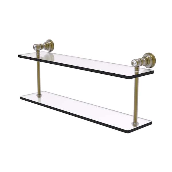 Allied Brass Carolina Crystal Collection 22in. x 9.2in. x 5.6in. D Brass Rectangular 2-Tiered Glass Shelf in Antique Brass