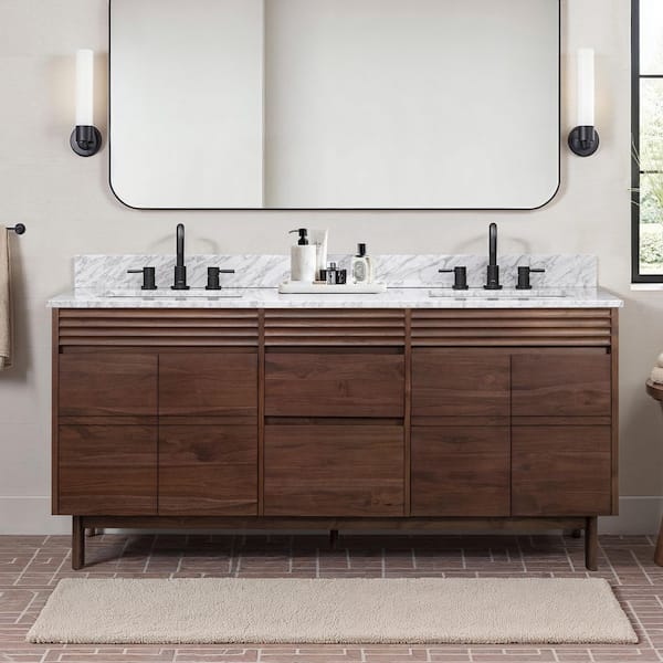 Carina 73 in. Double Sink Coffee Teak Bath Vanity with Carrara White Marble Top
