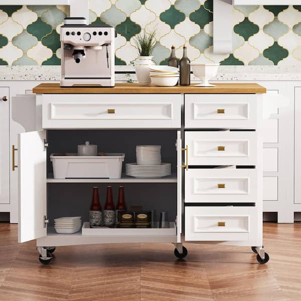 White Wood 52 in. MDF Kitchen Island with Drop Leaf and Spice Rack