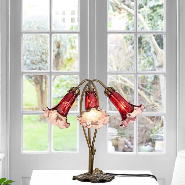Lily 3-Light 16 in. Red Hand Blown Mercury Glass Desk Lamp
