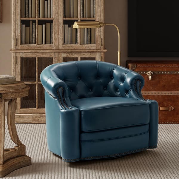 JAYDEN CREATION Amalia Turquoise 31.5 in. W Genuine Leather Swivel Chair with Tufted Back and Nailhead Trim Arm and Base
