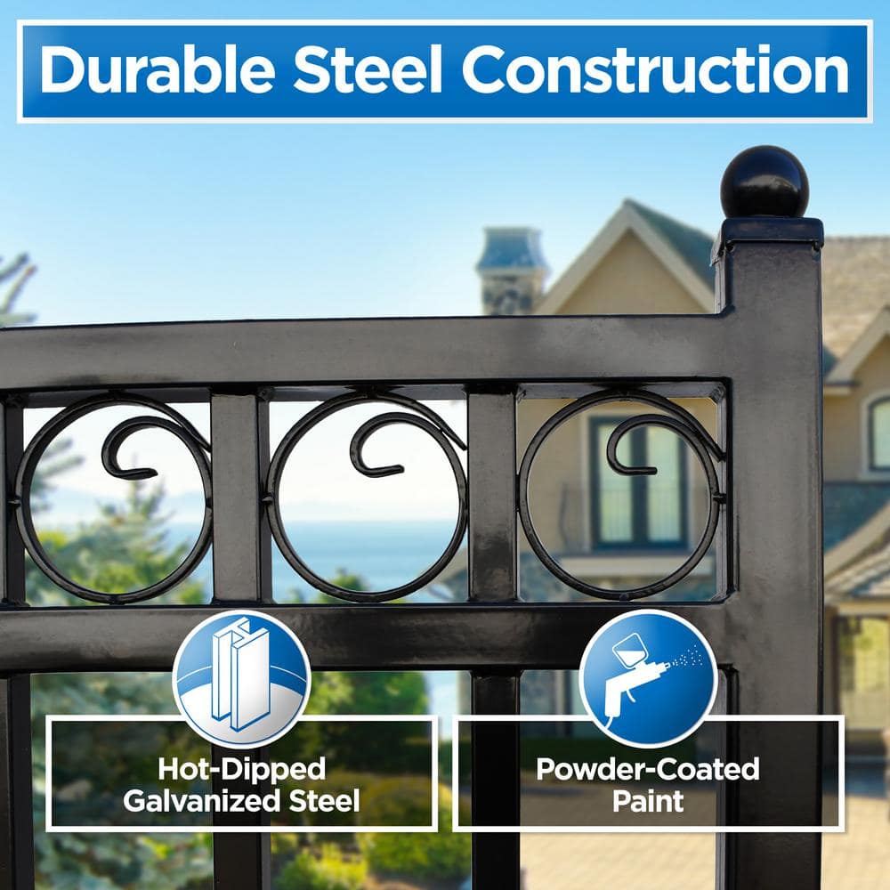 Black Steel Arched Driveway Gate with Ornamental Design