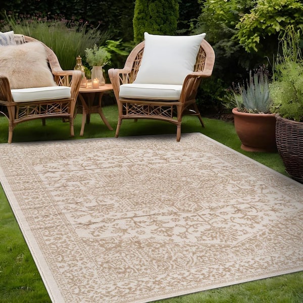 Athena Beige 9 ft. x 12 ft. Rubber Back Washable Oriental Border Indoor Outdoor Patio Area Rug