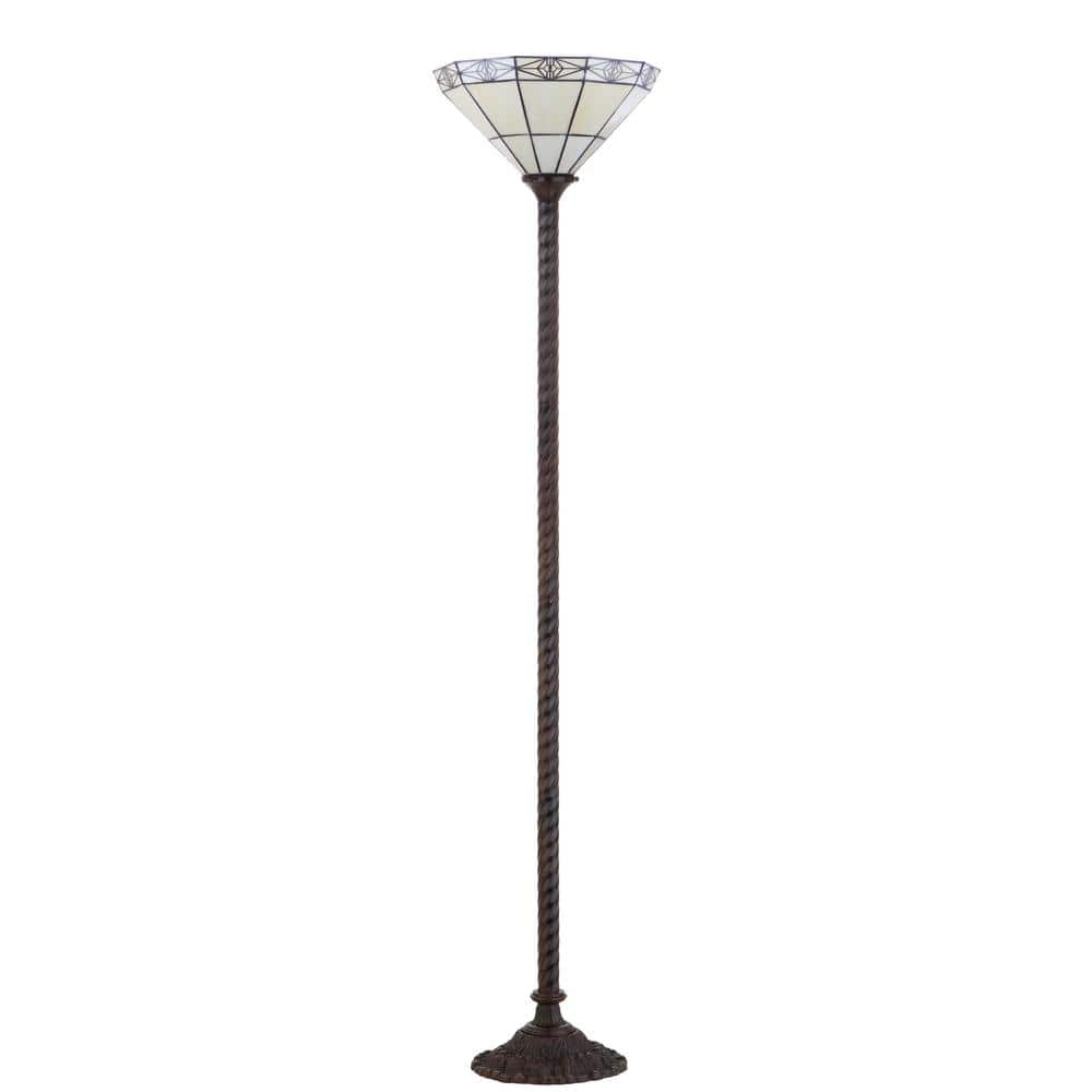 Moore Tiffany-Style Bronze Torchiere Floor Lamp with Multicolor Stained Glass