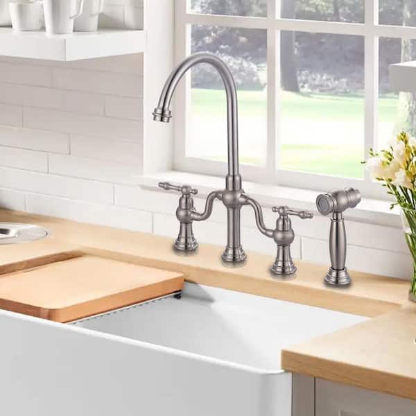 Double Handle Deck Mounted Brass Bridge Kitchen Faucet with Side Sprayer in Brushed Nickel