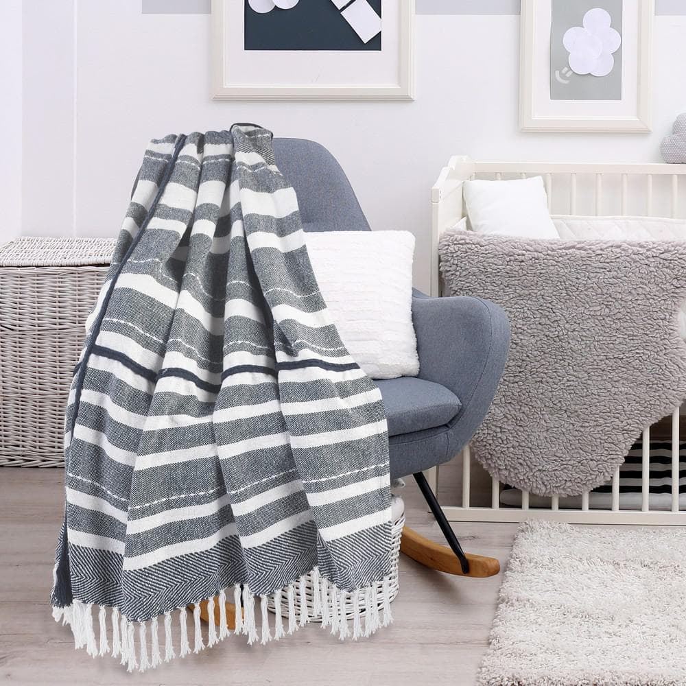 Blue & White Organic Cotton Striped Throw Blanket, 50" x 60"