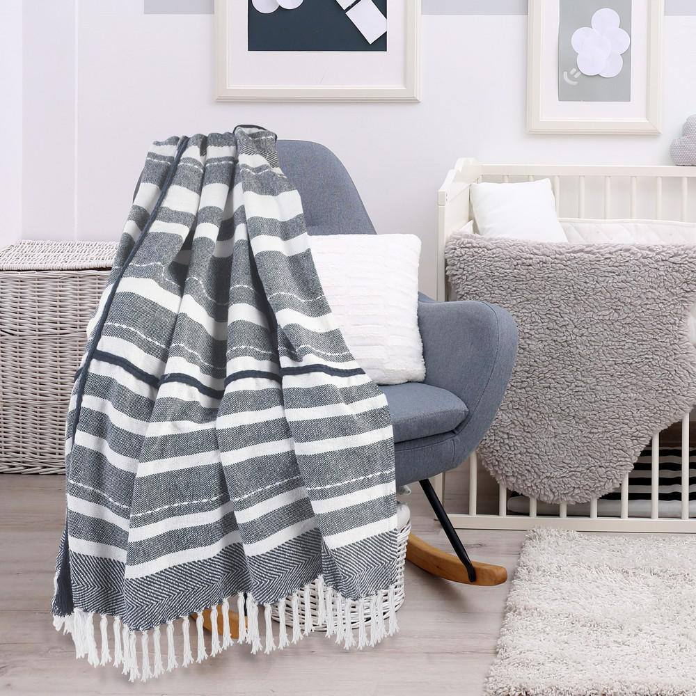 Blue & White Organic Cotton Striped Throw Blanket, 50" x 60"