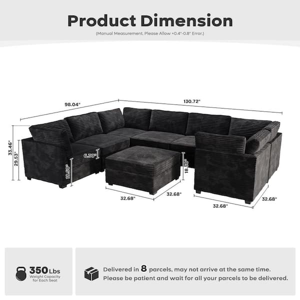 Allwex 130 in. Square Arm Modern 8-Piece Plush Corduroy U-Shape