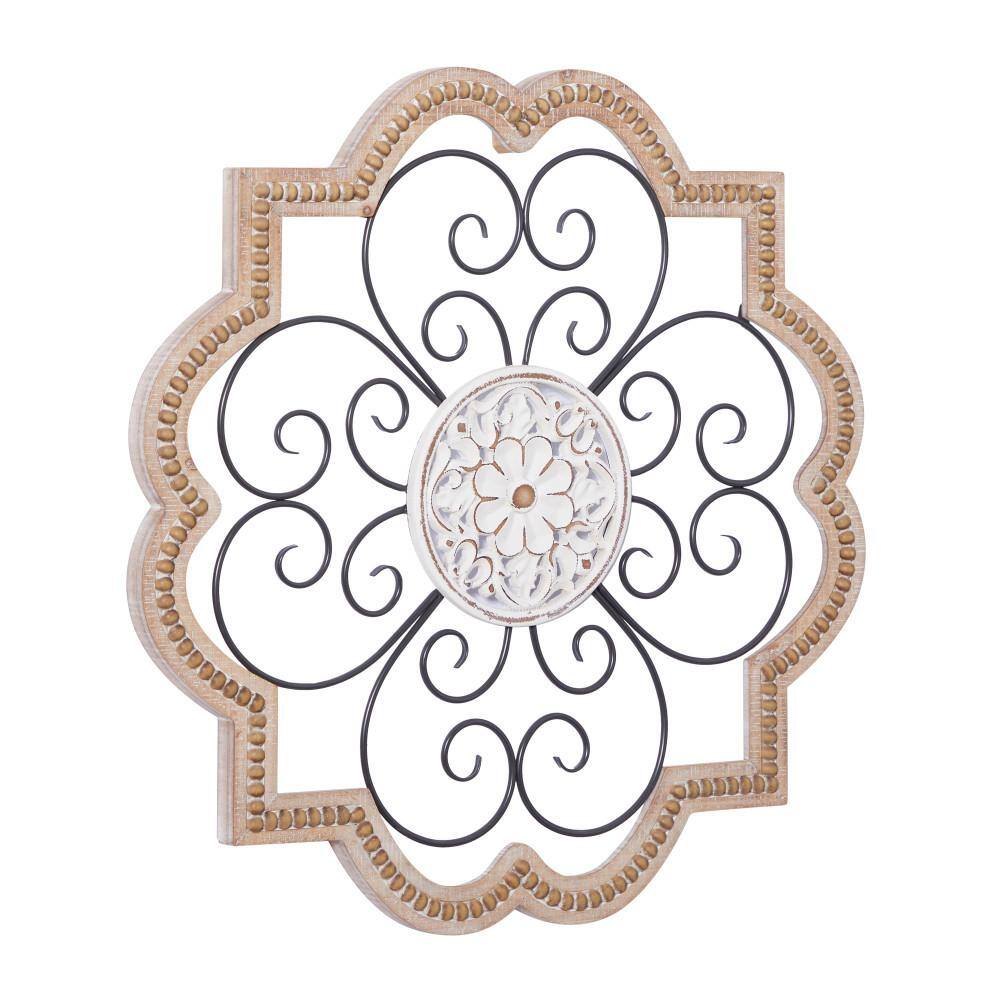 Brown and White Wooden Floral Scroll Wall Sculpture with Metal Accents