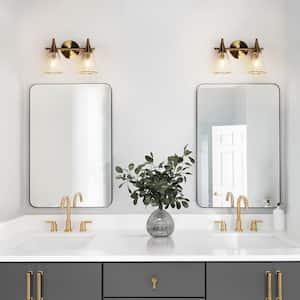 Modern 13 in. 2-Light Plated Brass Vanity Light with Clear Water Glass Shades