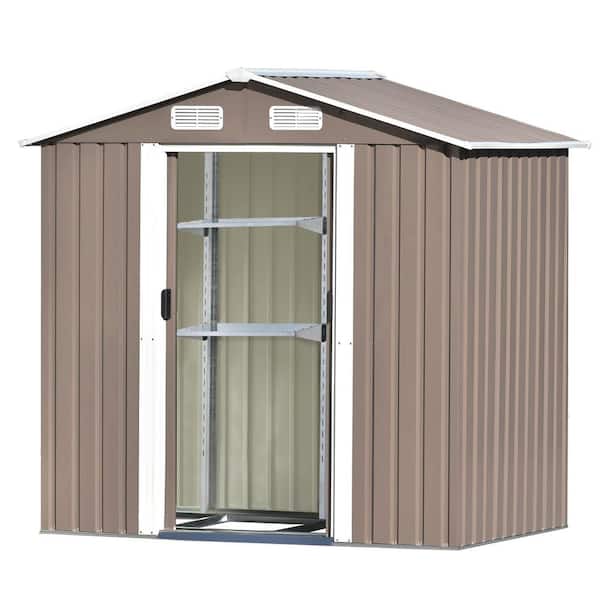 Zeus & Ruta 6 ft. W x 4 ft. D Brown Metal Storage Shed with Adjustable Shelf, Lockable Door, Vents and Foundation, Cover 23 sq. ft.