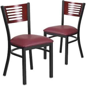 Mahogany Wood Back/Burgundy Vinyl Seat/Black Metal Frame Restaurant Chairs (Set of 2)