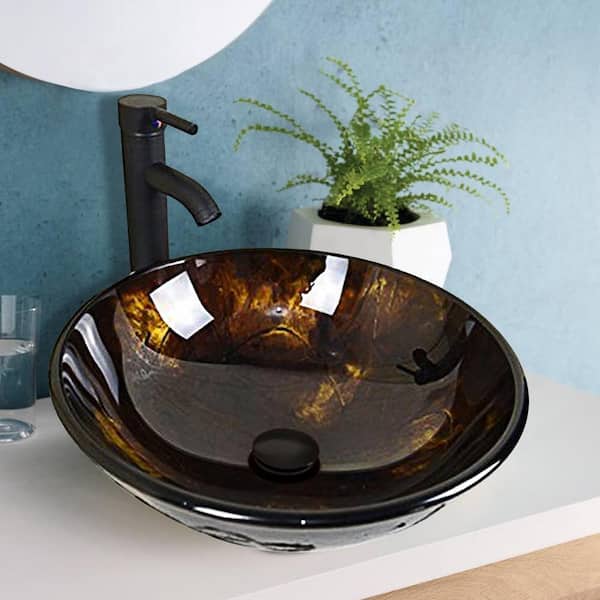 Flynama Solid Tempered Glass Round Bathroom Vessel Sink in Brown with Oil Rubbed Bronze Faucet and Chrome Pop-Up Drain