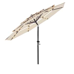 10 ft. 3 Tiers Steel and Aluminum Solar Led Market Patio Umbrella with Tilt and LED Lights in Beige