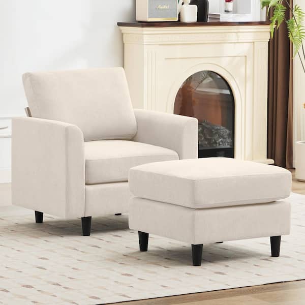Jearey Florence Mid-Century Linen Fabric Accent Chair with Ottoman for Living Room, Bedroom in Beige