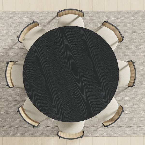 Lirago Cone Black Colored Wood 60" Column Base Wide Strip Under Beveled Cut Edge Dining Table for 8