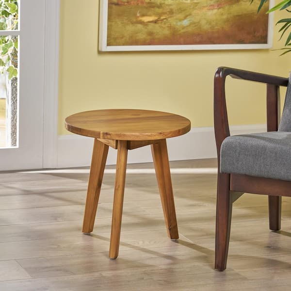 Unbranded Patio Round Acacia Wood Side Table with Funky Legs for Modern Home Decor, Natural Stain for Porch, Balcony, Backyard