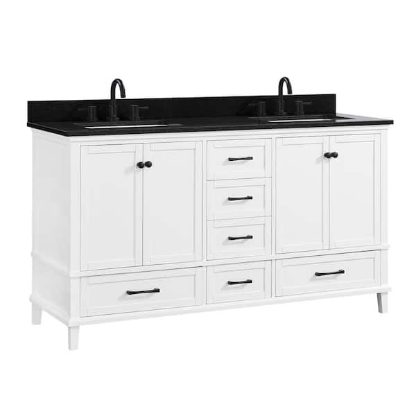 Merryfield 61 in. Double Sink White Bath Vanity with Black Granite Top (Assembled)