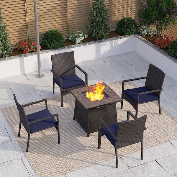 PHI VILLA 5-Piece TerrFab Top Patio Fire Pit Conversation Set with 4 Blue Cushioned Rattan Chair