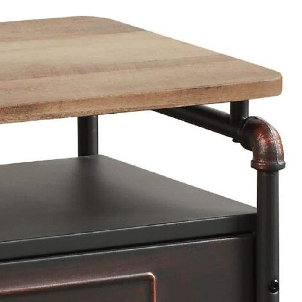 Industrial Oak and Gray Metal Nightstand with Drawer and Shelf