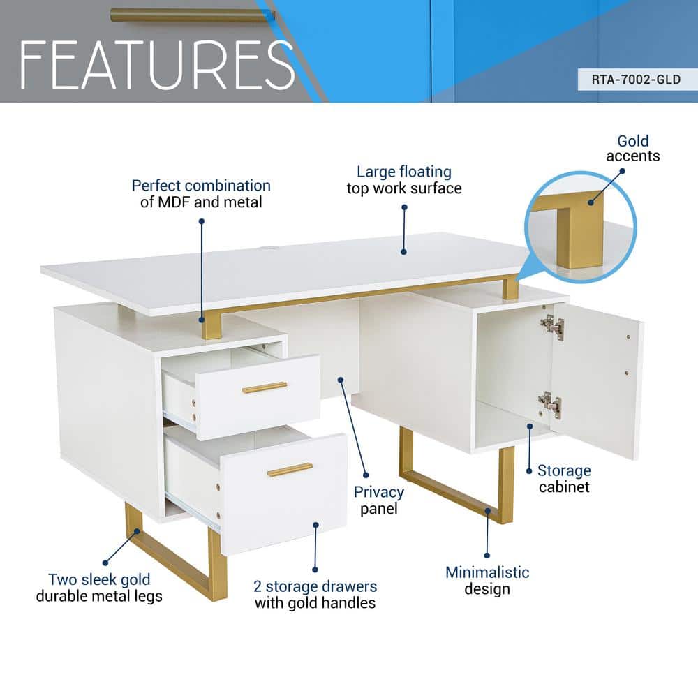 White and Gold Modern Writing Desk with Storage Drawers