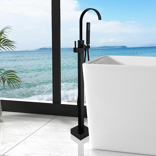 Single-Handle Floor Mount Freestanding Tub Faucet with Hand Shower in Matte Black