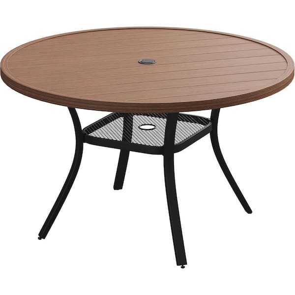 Unbranded Walnut 47 in. Metal Round Outdoor Dining Table for 6, Patio Table with Adjustable Umbrella Hole for Deck Lawn Garden