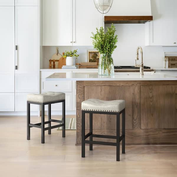 LUE BONA 24 in. Light Beige Grey Cushioned Backless Faux Leather Saddle Bar stools with Black Metal Frame (Set of 2)