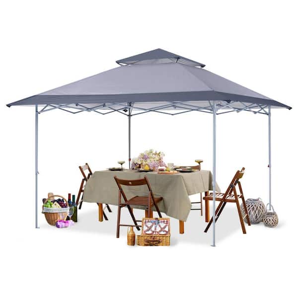 13 ft. x 13 ft. Gray Pop-Up Canopy Tent Outdoor Gazebo Double Roof with Eaves