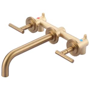 Wall Mount Double Handle Elegant Spout Bathroom Faucet in Solid Brass, Brushed Gold