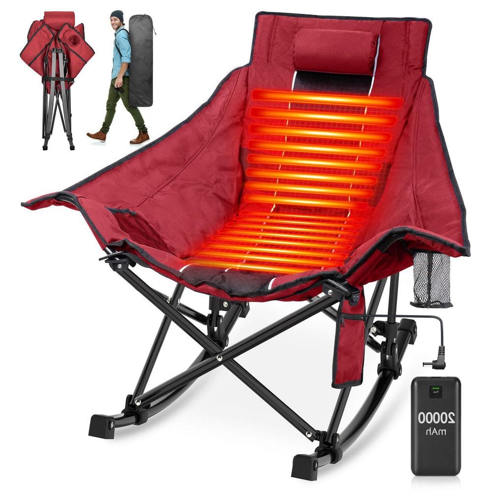 SEEUTEK Wine Red Oversized Heated Rocking Camping Chair, Portable