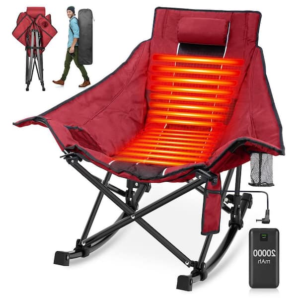 Wine Red Oversized Heated Rocking Camping Chair, Portable Folding Heated Chairs Outdoor Sports with Power Bank