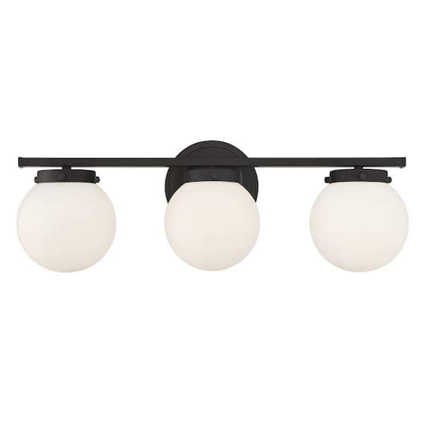 TUXEDO PARK LIGHTING 24 in. W x 8 in. H 3-Light Matte Black Bathroom Vanity Light with White Glass Shades
