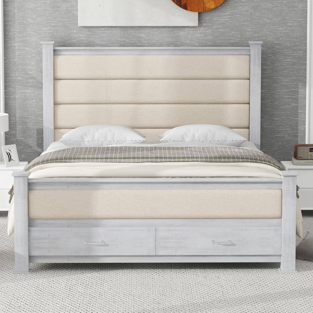 Antique White Queen Pine Wood Platform Bed with Upholstered Headboard and Storage Drawers